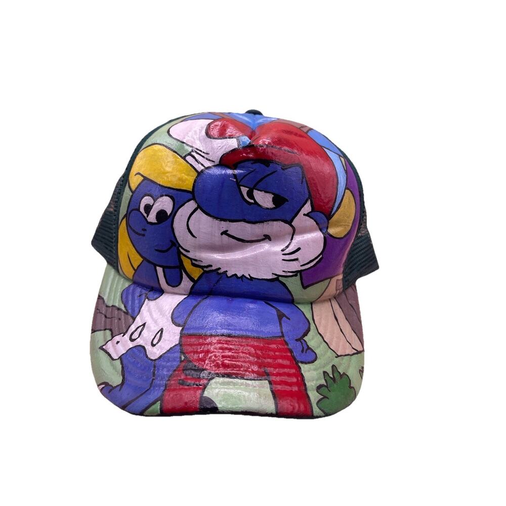 Hand-Painted Smurfs Trucker Hat | Cartoon Art Mesh Snapback Cap
